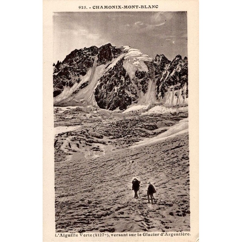 Carte postale ancienne de Chamonix montrant l’Aiguille Verte à 4127 m sur le versant du glacier d’Argentière