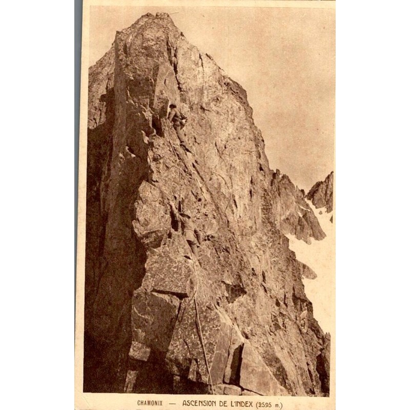 Carte postale ancienne de Chamonix montrant l’ascension de l’Index à 2595 m en haute montagne