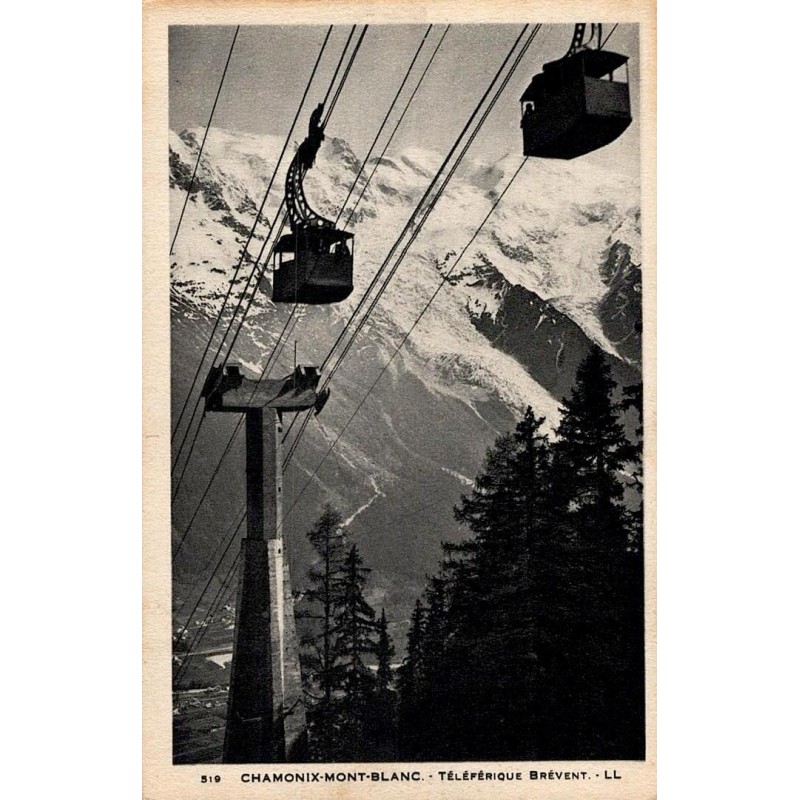 Carte postale ancienne de Chamonix montrant le téléphérique du Brévent dans le massif du Mont-Blanc