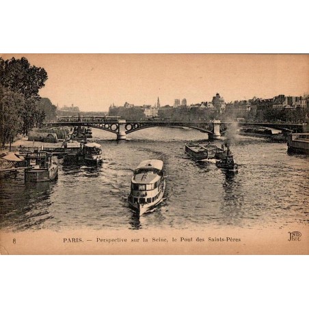 Carte postale ancienne de Paris montrant une perspective sur la Seine avec le pont des Saints-Pères