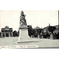 Carte postale ancienne de Paris montrant les jardins des Tuileries avec la statue “Quand Même” dans une ambiance d’époque.
