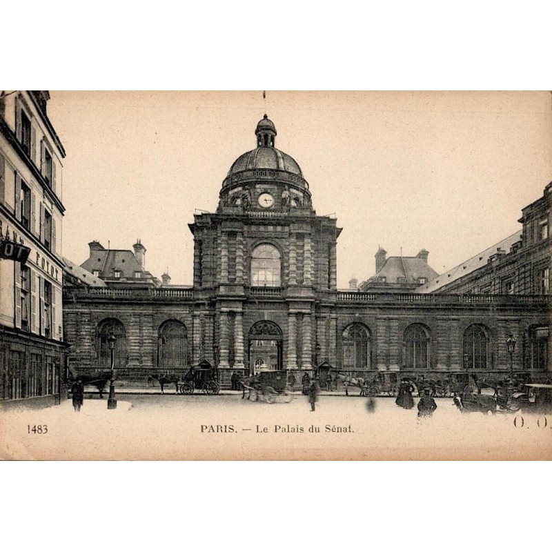 Carte postale ancienne représentant le Palais du Sénat à Paris avec une vue architecturale d’époque.