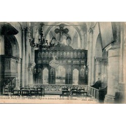 Carte postale ancienne de Paris montrant le chœur de l’église Saint-Julien-le-Pauvre dans une ambiance intérieure d’époque.