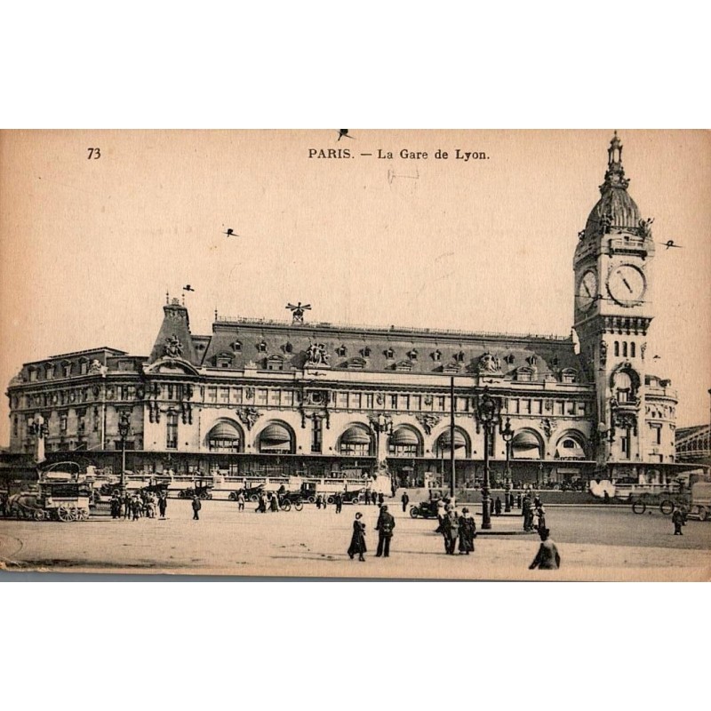 Carte postale ancienne de Paris montrant la Gare de Lyon dans une vue ferroviaire d’époque.