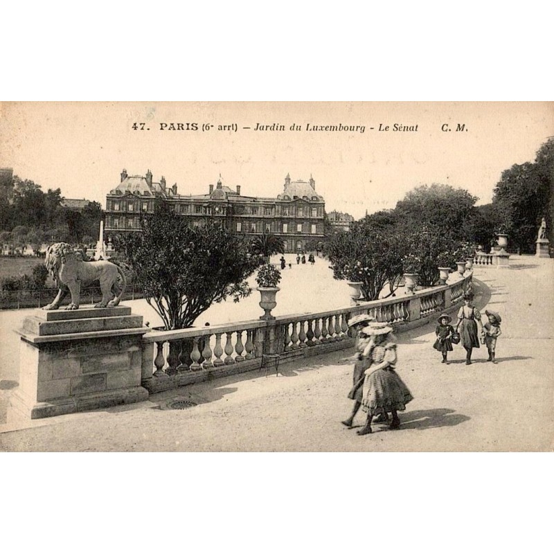 Carte postale ancienne de Paris 6e montrant le Jardin du Luxembourg avec le Sénat dans une vue d’époque.