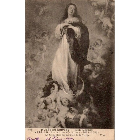 Carte postale ancienne du Musée du Louvre représentant “La Conception immaculée de la Vierge” de Murillo, école de Séville.