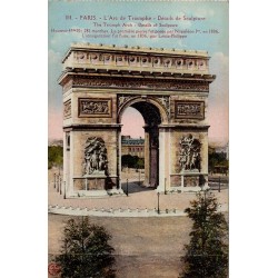 Carte postale ancienne de Paris montrant un détail de sculpture de l’Arc de Triomphe dans une vue artistique d’époque.