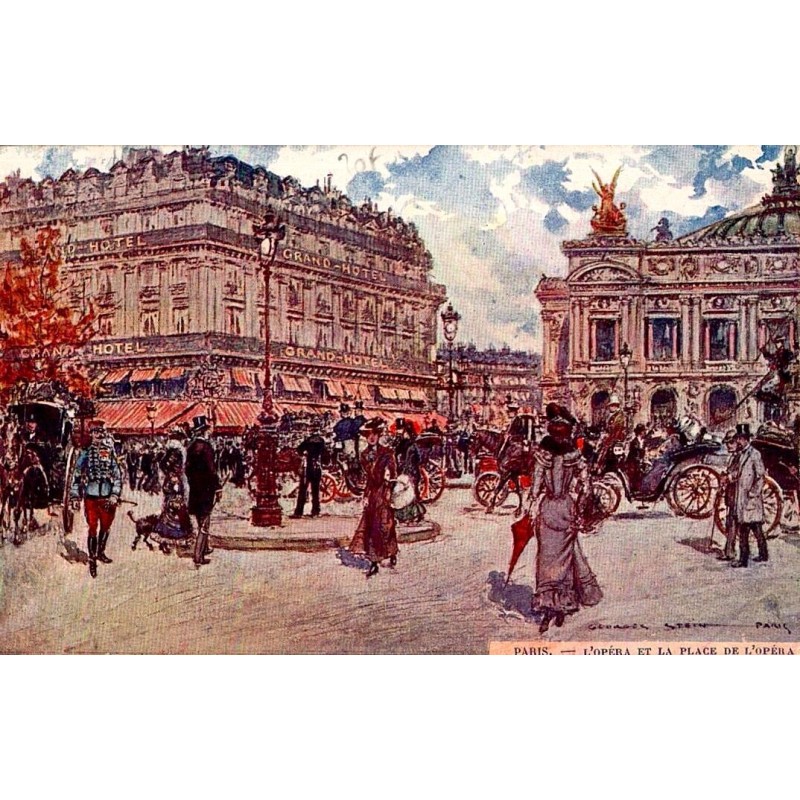 Carte postale ancienne de Paris montrant l’Opéra et la Place de l’Opéra dans une scène urbaine élégante d’époque.