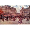 Carte postale ancienne de Paris montrant l’Opéra et la Place de l’Opéra dans une scène urbaine élégante d’époque.
