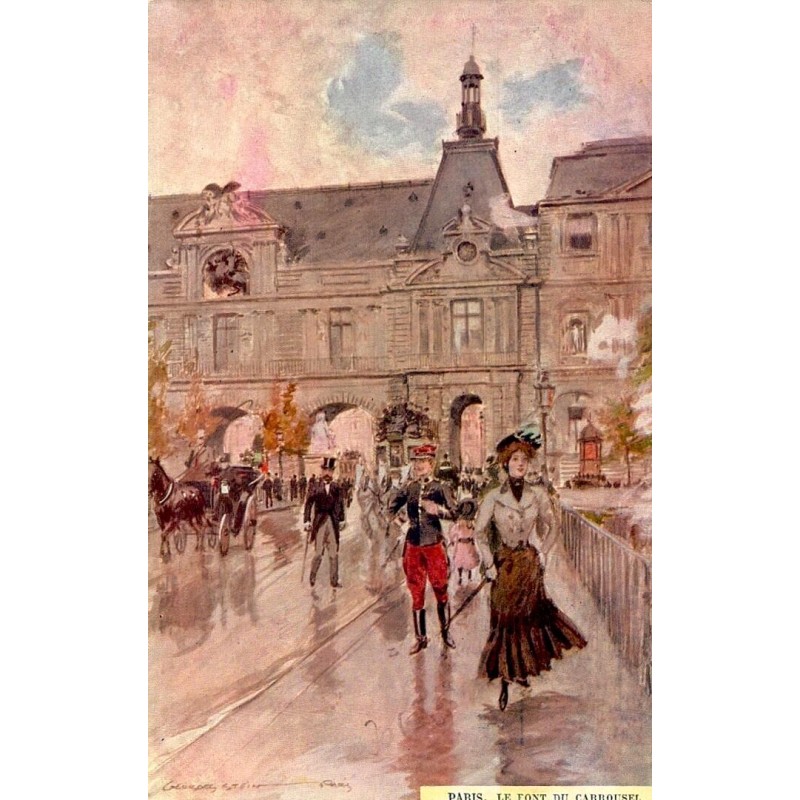 Carte postale ancienne illustrée de Paris représentant le Pont du Carrousel dans une ambiance artistique vintage.