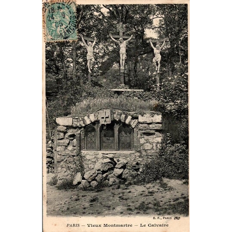 Carte postale ancienne de Paris montrant le Calvaire du Vieux Montmartre dans une ambiance pittoresque d’époque.