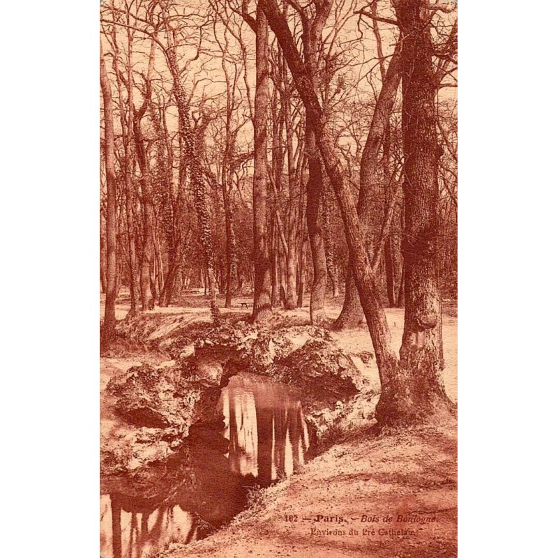 Carte postale ancienne de Paris montrant les environs du Pré-Catelan au Bois de Boulogne dans une ambiance nature d’époque.