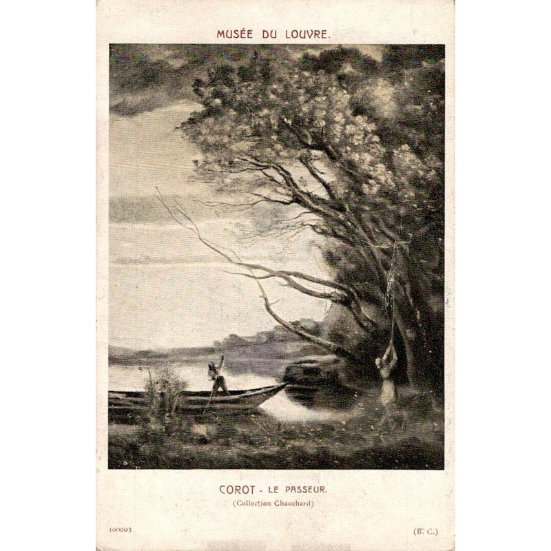 Carte postale ancienne du Musée du Louvre représentant “Le Passeur” de Corot avec la mention Collection Chauchard.