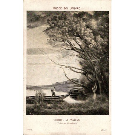 Carte postale ancienne du Musée du Louvre représentant “Le Passeur” de Corot avec la mention Collection Chauchard.