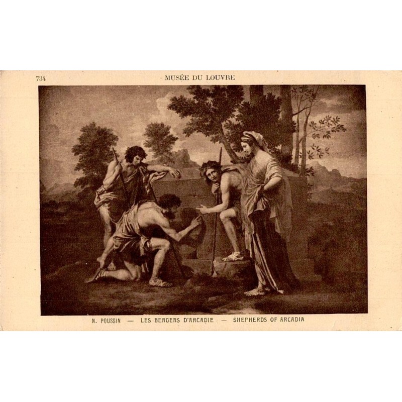 Carte postale ancienne du Musée du Louvre représentant le tableau “Les Bergers d’Arcadie” dans une scène artistique classique.