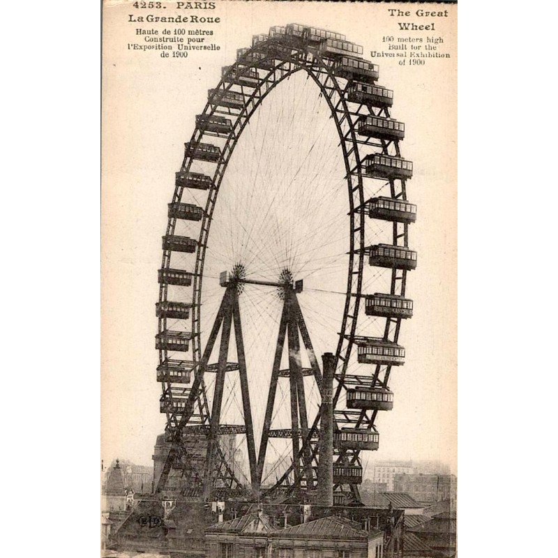Carte postale ancienne montrant la Grande Roue dans une ambiance d’attraction parisienne vintage.