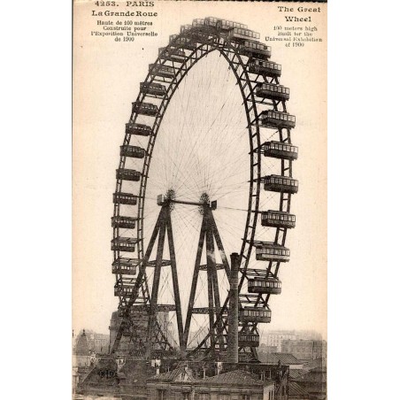 Carte postale ancienne montrant la Grande Roue dans une ambiance d’attraction parisienne vintage.