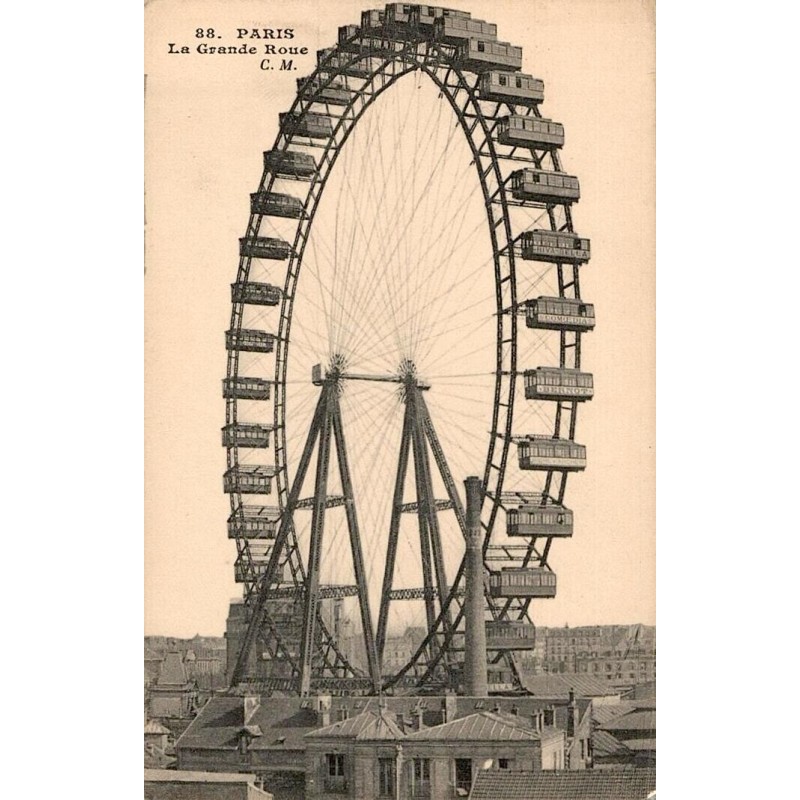 Carte postale ancienne de Paris montrant la Grande Roue dans une ambiance d’attraction urbaine et festive d’époque.