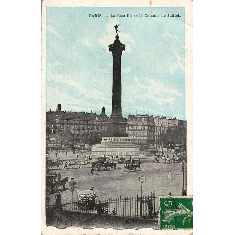 Carte postale ancienne de Paris montrant la Bastille et la Colonne de Juillet en vue d’époque