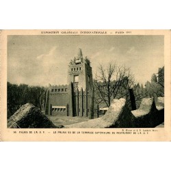 Carte postale ancienne Exposition Coloniale Paris 1931 montrant le Palais de l’A.O.F. vu depuis la terrasse du restaurant