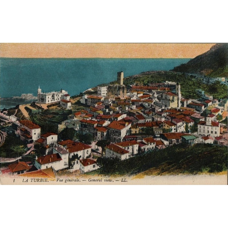 Carte postale ancienne – La Turbie – Vue générale village & mer