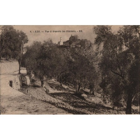 Carte postale ancienne – Èze, vue village & mer entre oliviers (Côte d’Azur)