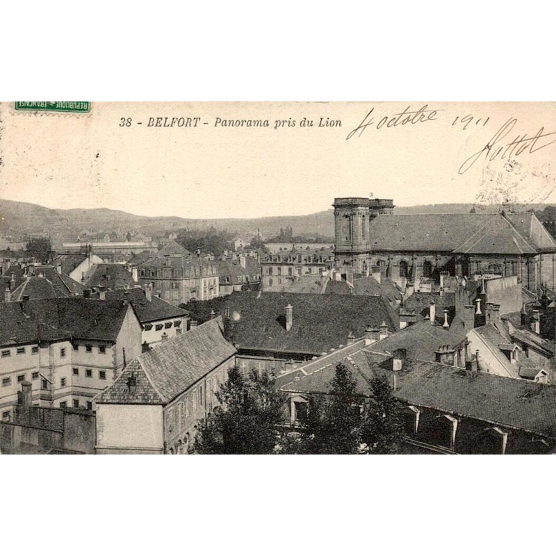 Carte postale ancienne Belfort panorama pris du Lion vue générale ville