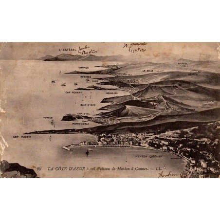 Carte postale ancienne Côte d’Azur Menton Cannes vue aérienne