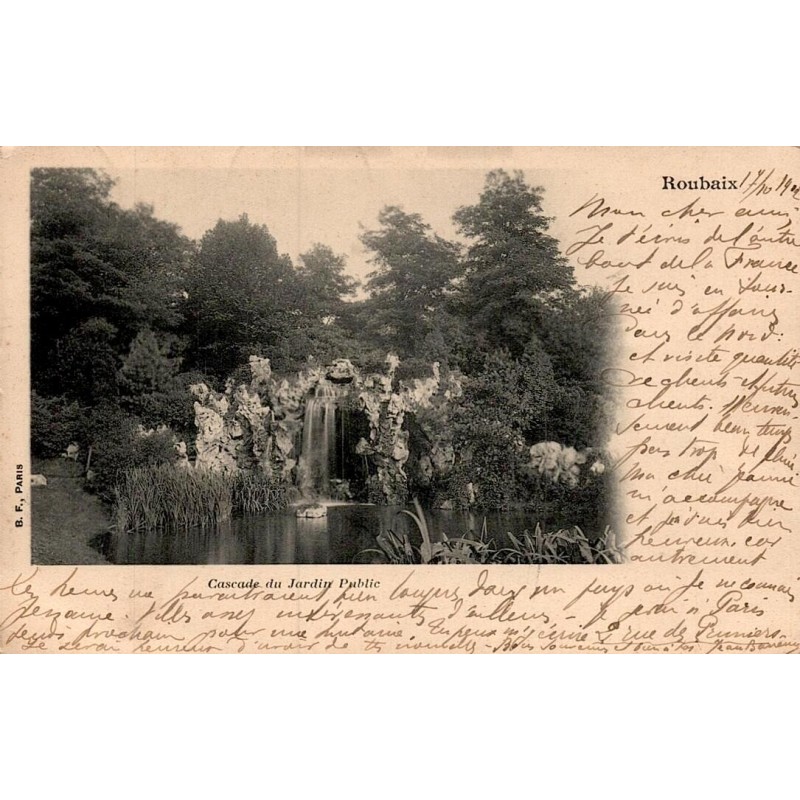 Carte postale ancienne Roubaix cascade du jardin public parc Barbieux