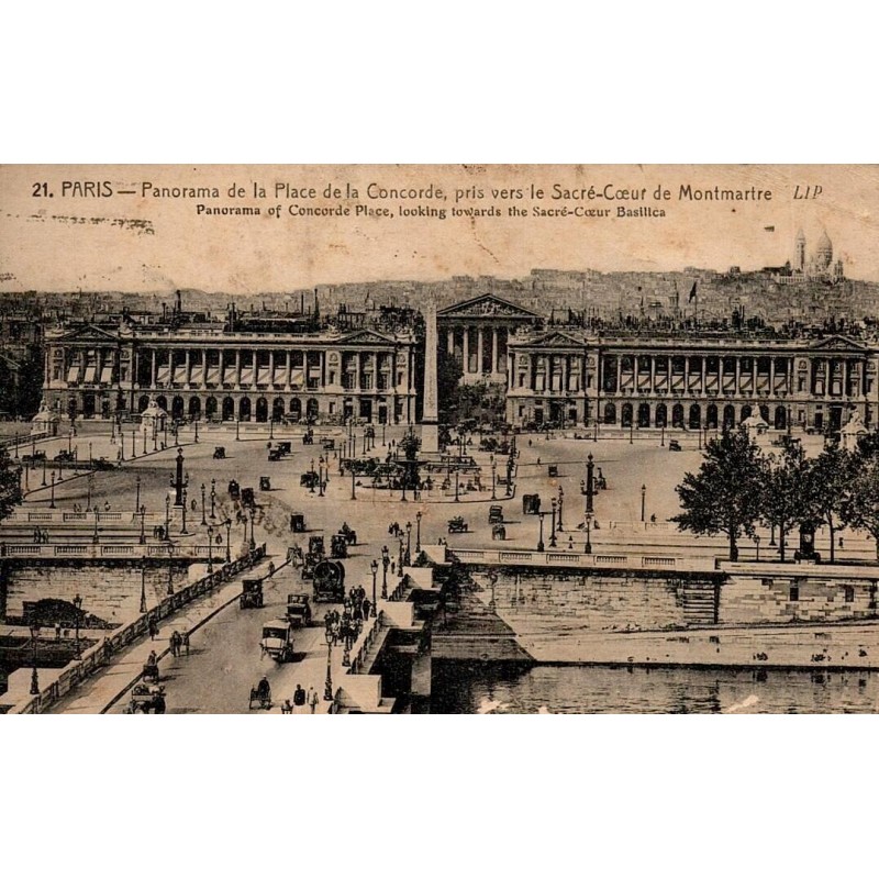 Carte postale ancienne Paris panorama Place de la Concorde vers le Sacré-Cœur de Montmartre CPA