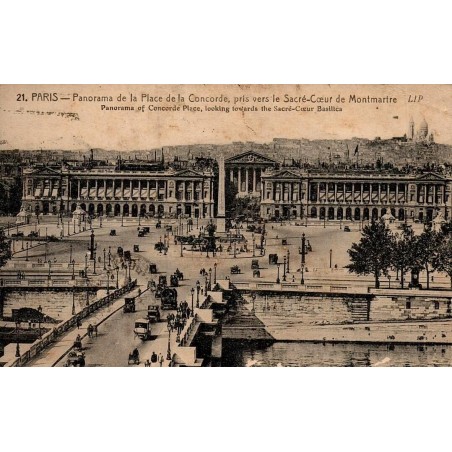 Carte postale ancienne Paris panorama Place de la Concorde vers le Sacré-Cœur de Montmartre CPA