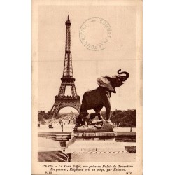 Carte postale ancienne Paris Tour Eiffel vue du Trocadéro avec Éléphant de Frémiet CPA