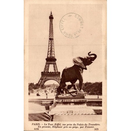 Carte postale ancienne Paris Tour Eiffel vue du Trocadéro avec Éléphant de Frémiet CPA
