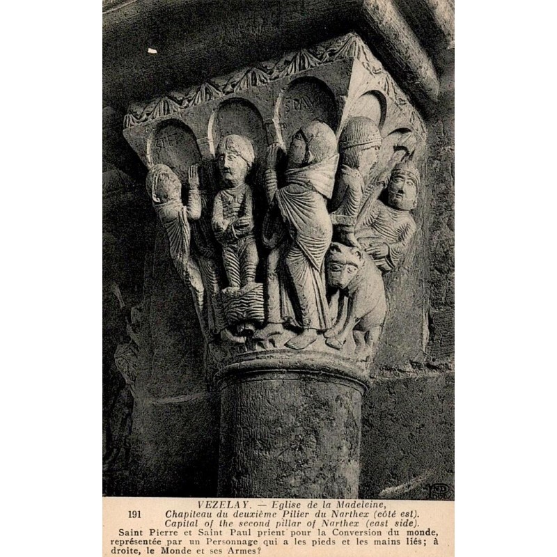 Carte postale ancienne Vézelay chapiteau du narthex église de la Madeleine