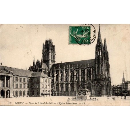 Carte postale ancienne Rouen place de l’Hôtel de Ville et église Saint-Ouen
