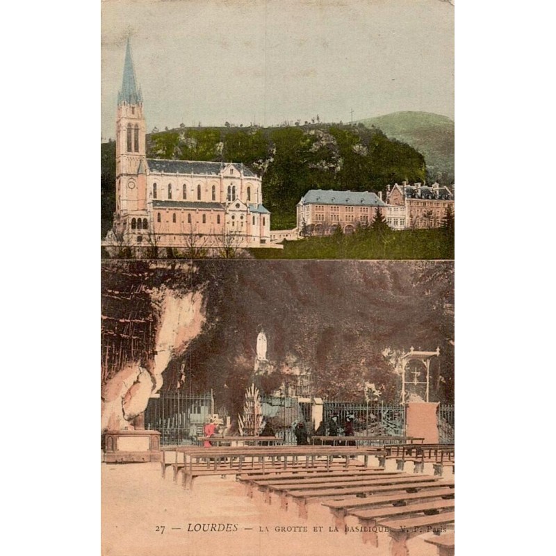 Carte postale ancienne Lourdes la grotte et la basilique VP Paris