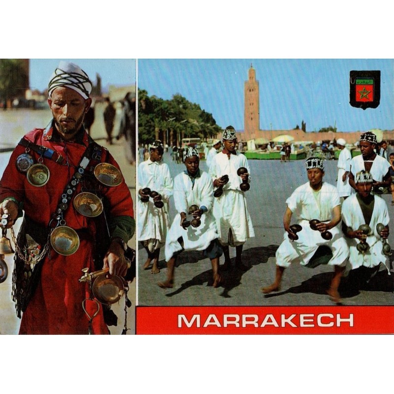 CPM Marrakech porteur d’eau, musiciens traditionnels et Koutoubia au Maroc