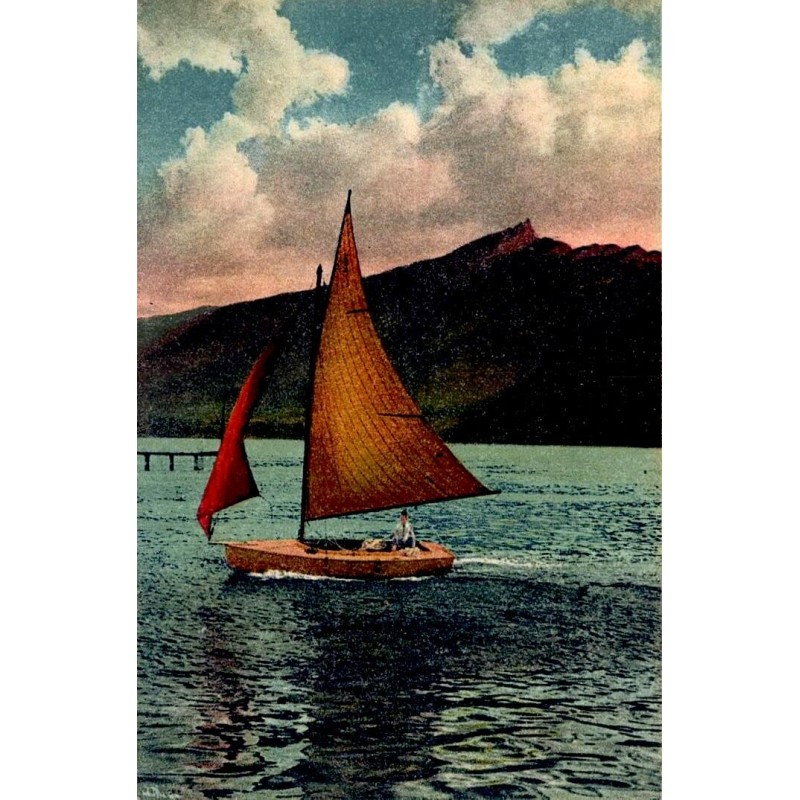 Carte postale ancienne lac du Bourget voilier et Dent du Chat Savoie