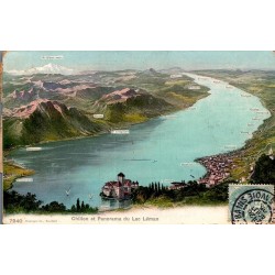 Carte postale ancienne Chillon et panorama du lac Léman Suisse
