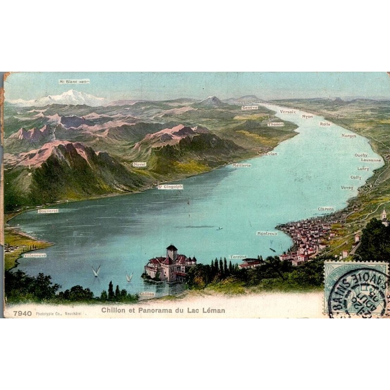Carte postale ancienne Chillon et panorama du lac Léman Suisse