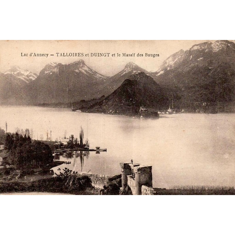 Carte postale ancienne lac d’Annecy Talloires Duingt et massif des Bauges Haute-Savoie