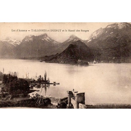 Carte postale ancienne lac d’Annecy Talloires Duingt et massif des Bauges Haute-Savoie