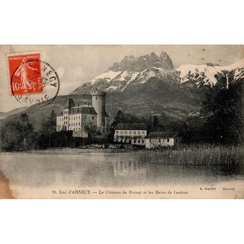 Carte postale ancienne lac d’Annecy château de Duingt et les Dents de Lanfon Haute-Savoie