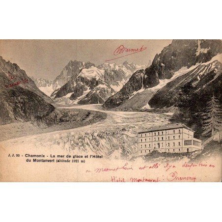 Carte postale ancienne Chamonix La Mer de Glace et Hôtel du Montanvert altitude 1921 m
