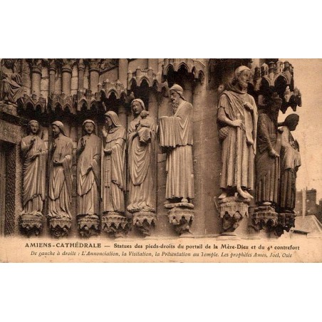 Carte postale ancienne d’Amiens dans la Somme montrant les statues des pieds droits du portail de la Mère Dieu