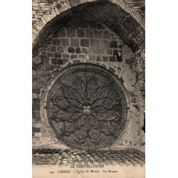 Carte postale ancienne de Cordes-sur-Ciel dans le Tarn montrant la rosace de l’église Saint-Michel