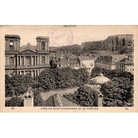 Carte postale ancienne Belfort Territoire de Belfort l'Église Saint-Christophe et le Château