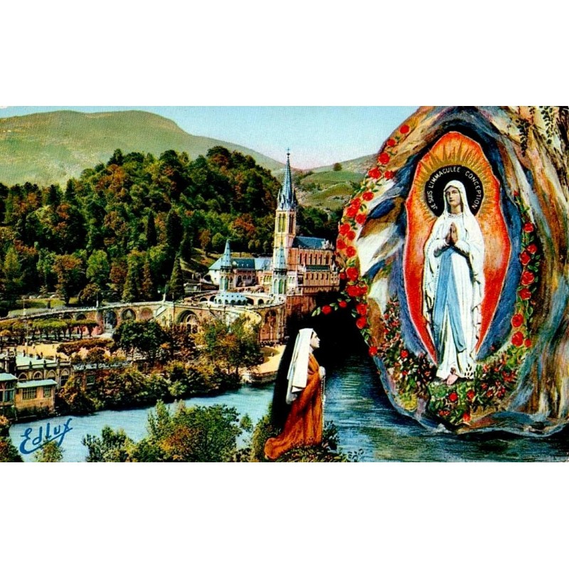 Carte postale ancienne Lourdes – La Basilique et l’Apparition au sanctuaire