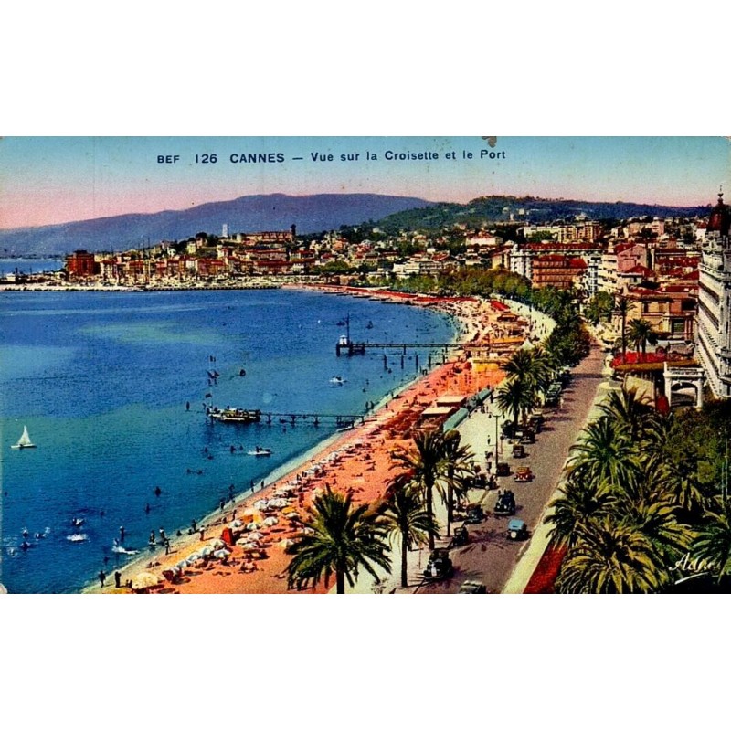 Carte postale ancienne Cannes vue sur la Croisette et le port Alpes-Maritimes