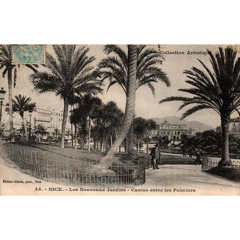 Carte postale ancienne Nice les Nouveaux Jardins Casino entre les palmiers Alpes-Maritimes